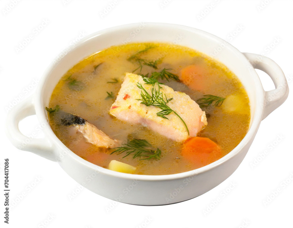 Fischsuppe isoliert auf weißem Hintergrund, Freisteller 