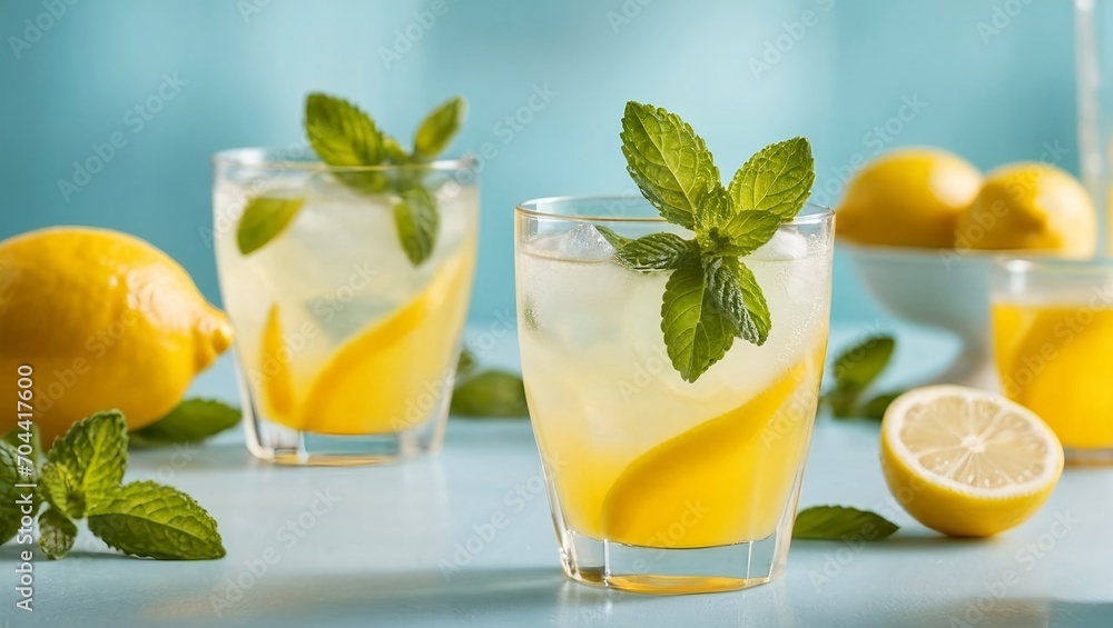 A glass of refreshing lemon drink with lemon slices floating on the surface A glass of refreshing lemon drink with lemon slices floating on the surface