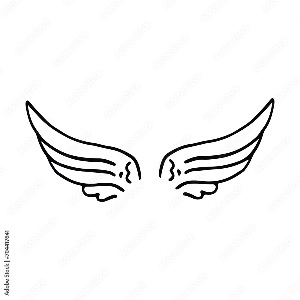 Doodle wings. Cartoon bird feather wings, religious angel wings ink sketch, black tattoo silhouette. Vector hand drawn blade wing sketch set for heraldic symbol emblem on white background Doodle wings. Cartoon bird feather wings, religious angel wings ink sketch, black tattoo silhouette. Vector hand drawn blade wing sketch set for heraldic symbol emblem on white background