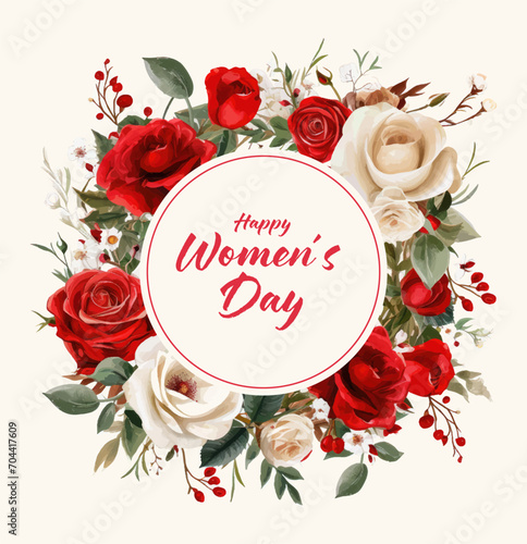 Women's Day card with pink roses and leaves. Vector illustration.