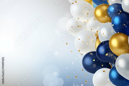 Celebration background concept with blue, golden, white balloons and confetti. Christmas background with copy space.