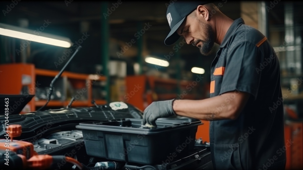 Male auto mechanic working in car repair service center Changing a car battery at an auto repair shop Male auto mechanic working in car repair service center Changing a car battery at an auto repair shop