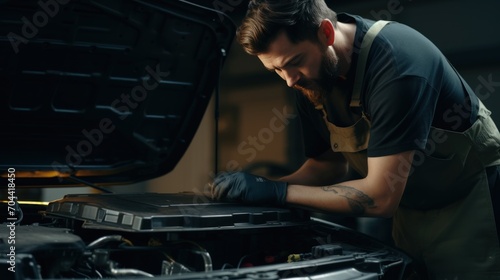Male auto mechanic working in car repair service center Changing a car battery at an auto repair shop