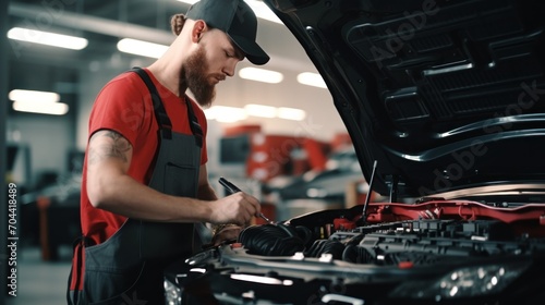 A male auto mechanic is employed at an auto repair service center. replacing the battery in a car at an auto repair shop photo