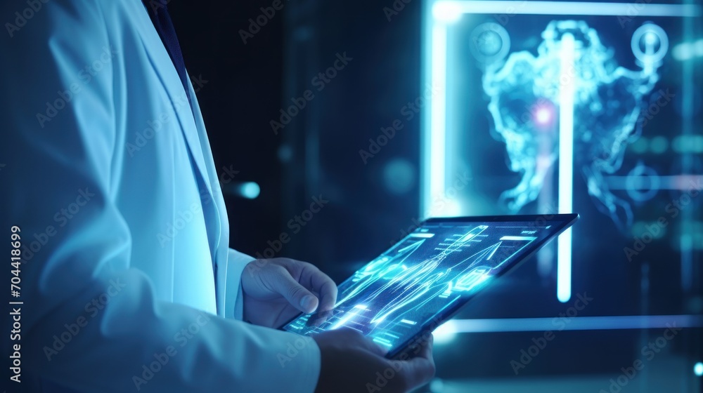 Medical scientist working with doctor touching electronic medical record on tablet in laboratory. Medical science and technology and future concepts Medical scientist working with doctor touching electronic medical record on tablet in laboratory. Medical science and technology and future concepts