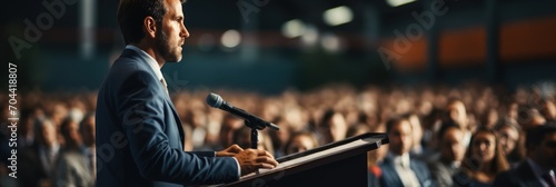 Side view of a man in a business suit or speaker at a conference and business presentation making a speech on stage in front of an audience photo