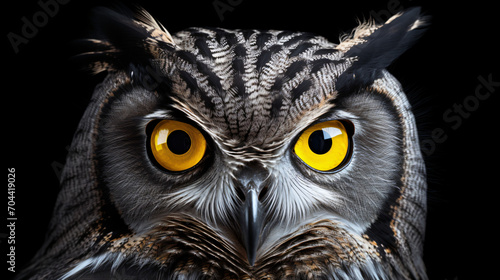 Close up of an owls face large bright yellow eyes © Affia