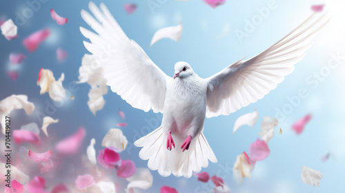 A graceful white dove spreads its wings flying amidst a shower of delicate pink petals.