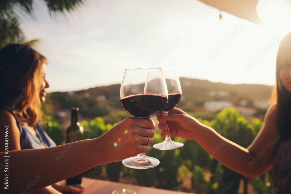 Two friends toasting with red wine glasses at sunset - obrazy, fototapety, plakaty 