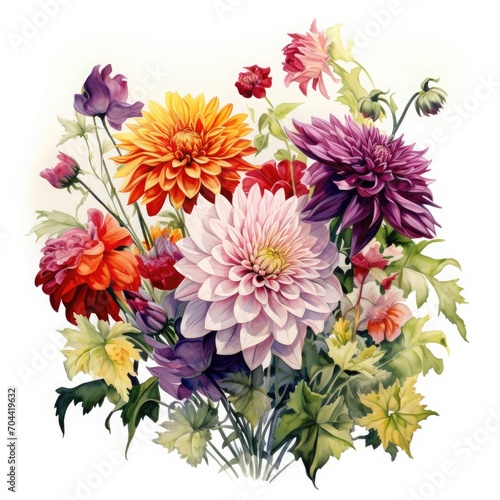 Chrysanthemums and dahlias painted in watercolor on white background