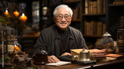 Portrait of a smiling elderly Asian man in a library