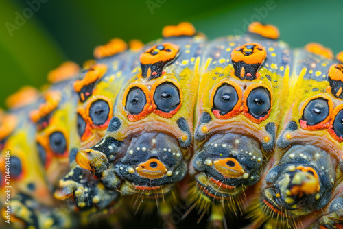 Caterpillar close-up, a detailed shot featuring the intricate patterns and textures of a caterpillar's body. © Hunman