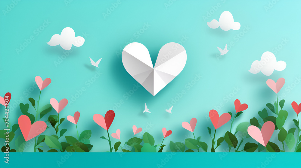 Paper plane flying in the sky with heart shape and plants paper art style on blue background, generative ai