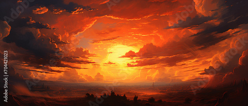 Depict a sunset during a heat wave, exaggerating the warm tones and giving the impression that the sky itself is ablaze with the intensity of the sun's rays photo
