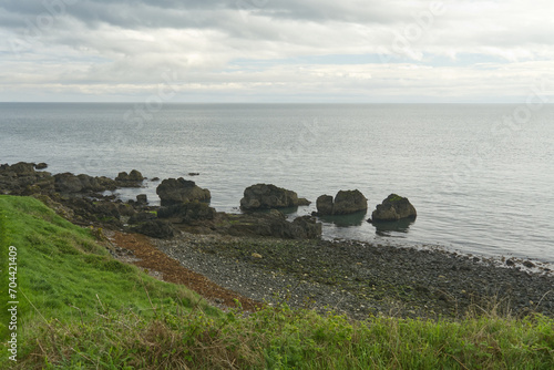 Felsen im Wasser am Ufer vom Gobbins Cliff in Nord Irland photo