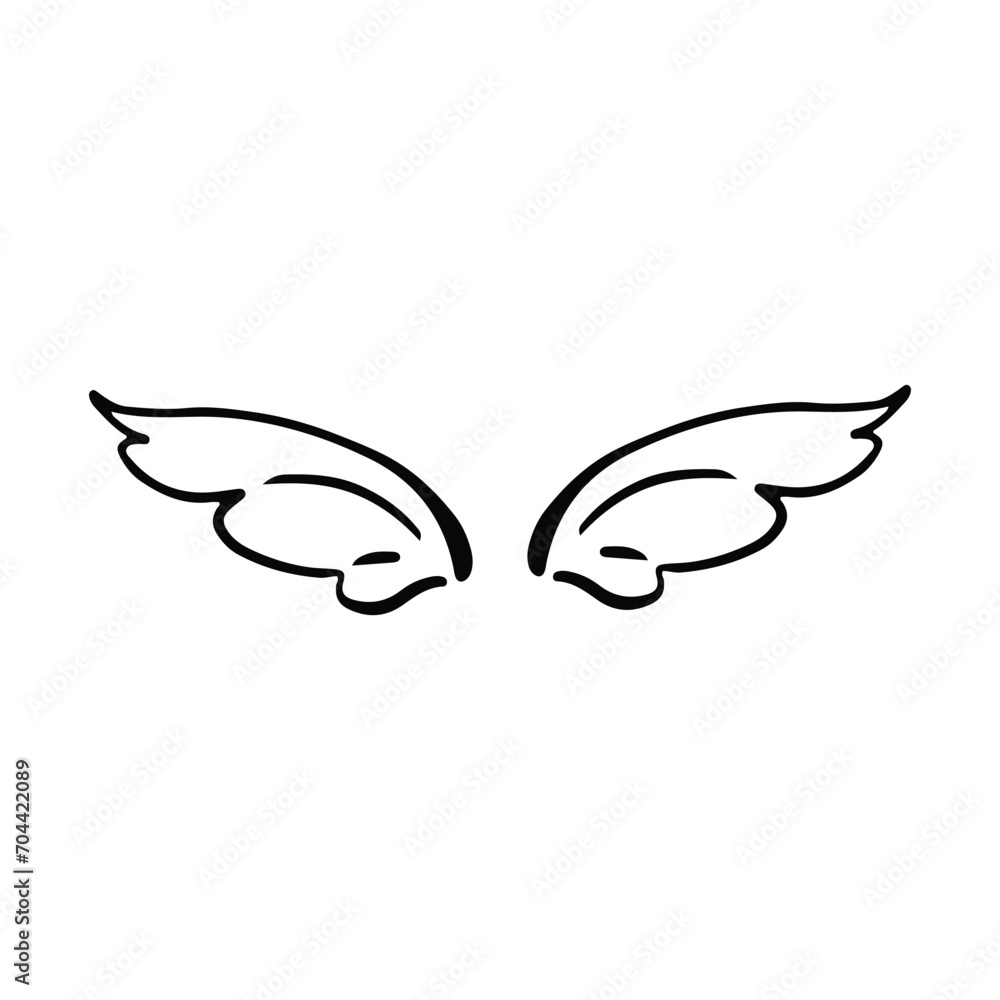 Doodle wings. Cartoon bird feather wings, religious angel wings ink sketch, black tattoo silhouette. Vector hand drawn blade wing sketch set for heraldic symbol emblem on white background Doodle wings. Cartoon bird feather wings, religious angel wings ink sketch, black tattoo silhouette. Vector hand drawn blade wing sketch set for heraldic symbol emblem on white background