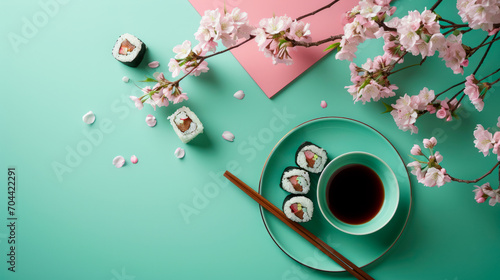minimalistic spring pink and green background, place for text, sakura and Japanese dish
