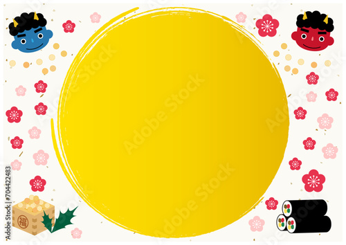 節分の円フレームで鬼とおたふくと豆まきと柊と恵方巻きのイラスト素材8和紙