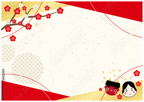 節分の水引イラストフレームで鬼とおたふくと豆まきと柊と恵方巻きのある素材7和紙