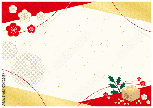 節分の水引イラストフレームで鬼とおたふくと豆まきと柊と恵方巻きのある素材7豆和紙