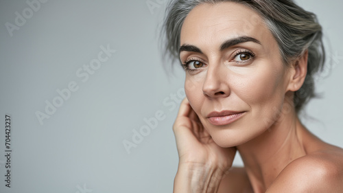 Mature woman with flawless skin: Anti-aging cosmetology and skincare on gray background