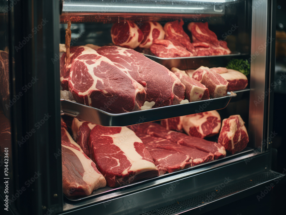 Raw red meat stored in cupboards, beef, mutton, pork, food preservation
