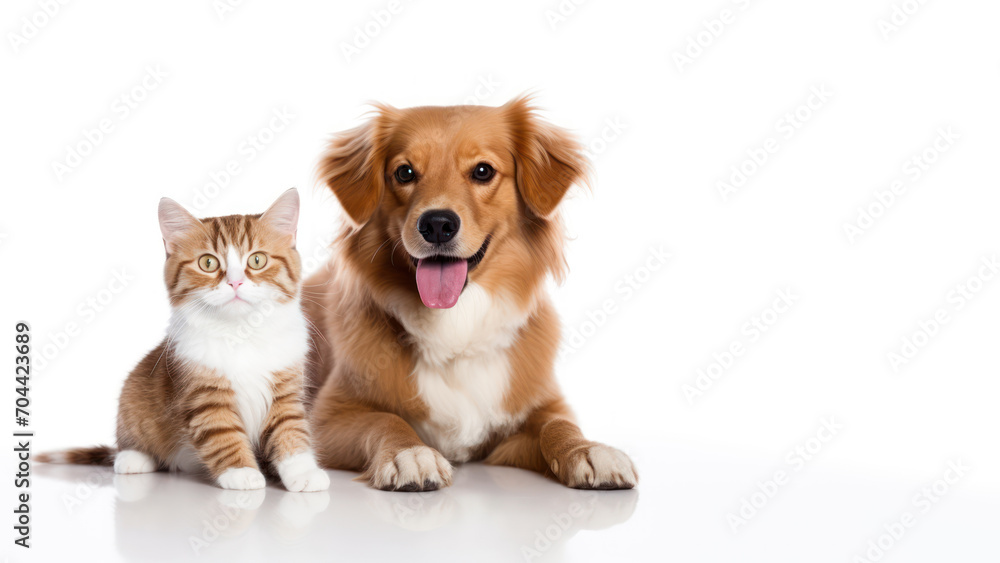 Cat and Dog sitting together isolated on white background with copy space