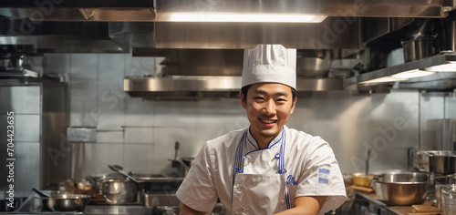 Happy asian male cook in restaurant kitchen profession