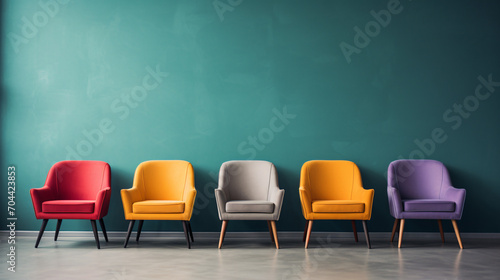 Multiple colorful chairs arranged in a row