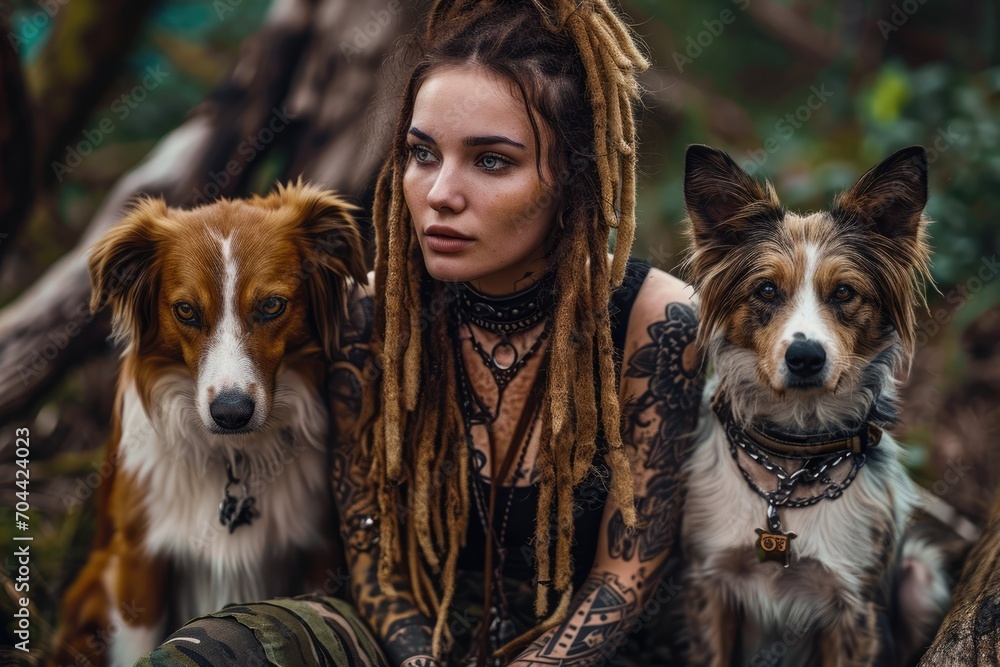 In the heart of nature, a hippie woman shares the serenity of a camping trip with joyful canine companions