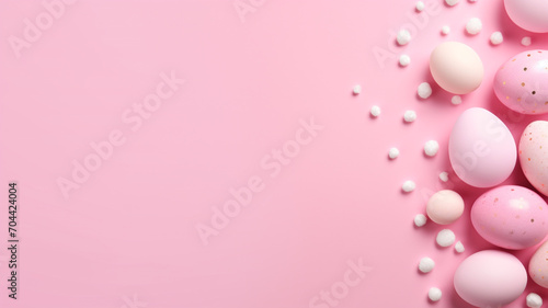 Easter banner with beautifully painted eggs pink background, easter concept
