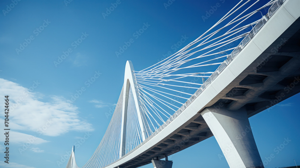 Naklejka premium Support element of a high cable-stayed bridge with steel pylons. Backlight. Clear blue sky.