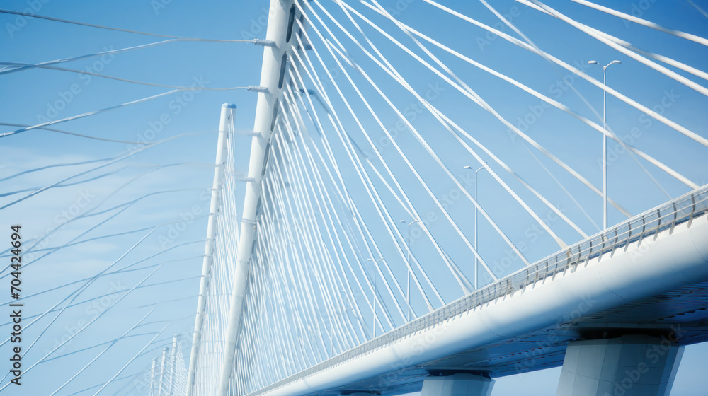 Obraz premium Support element of a high cable-stayed bridge with steel pylons. Backlight. Clear blue sky.