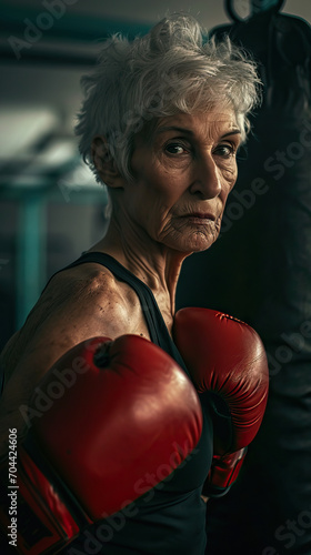 Old senior woman with boxing gloves in the gym serious look of determination. © Lila Patel