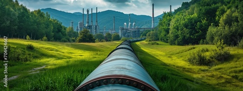 Old oil or gas transportation pipe through the green grassy field to the power plant photo