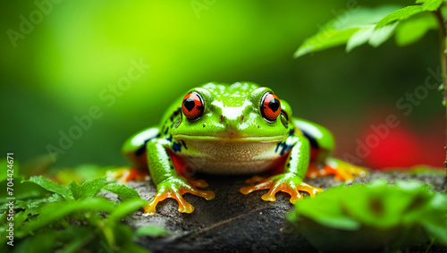 Green frog red eyed on water with blur green background. frog, animal, green. ai generated