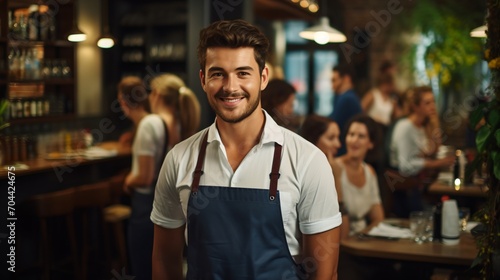 Portrait of a Smiling Caucasian Waiter in a Busy Restaurant