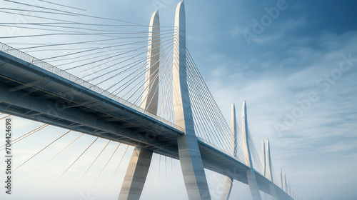 Support element of a high cable-stayed bridge with steel pylons. Backlight. Clear blue sky. photo