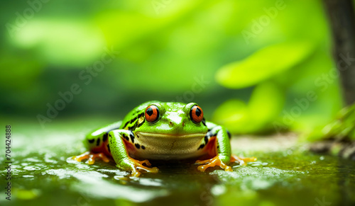 Green frog Sith on water with blur background. frog, animal, green. ai generated © Nana Lpic