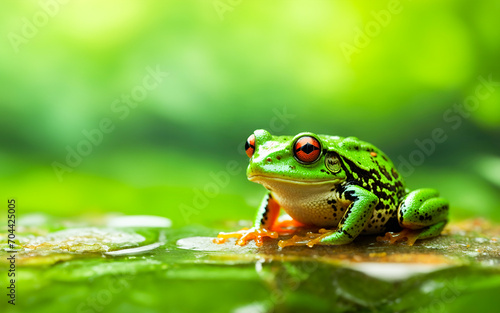 Green frog red eyed on leaf with free space and blur background. frog, animal, green. ai generated
