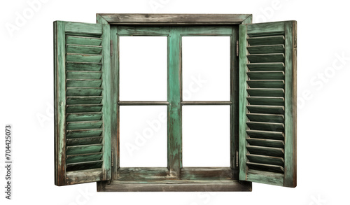 wooden window with green shutters. Aged wooden window with open shutters. Worn window frame. Wooden window frame with shutters. Old farmhouse or wood cabin window isolated. Transparent Background PNG