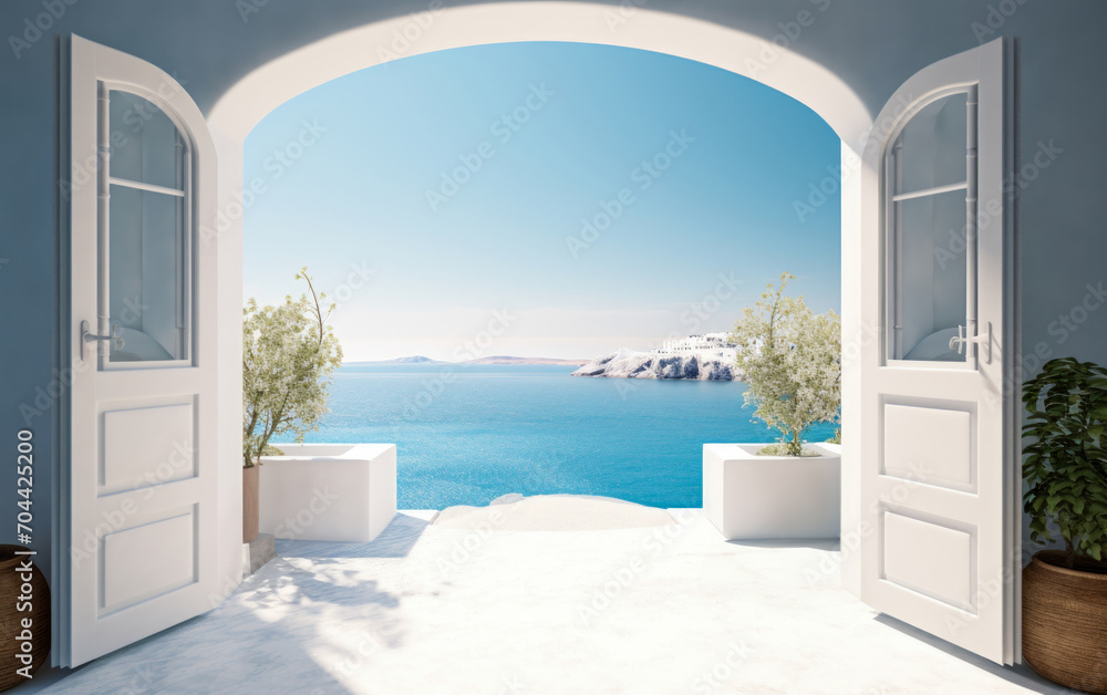 Naklejka premium Open traditional wooden doors leading to a bright and serene Mediterranean seascape, symbolizing new beginnings, opportunities, and a peaceful retreat