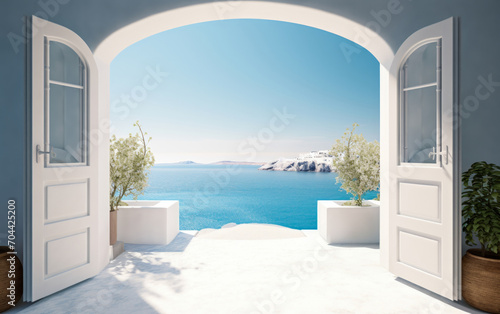 Open traditional wooden doors leading to a bright and serene Mediterranean seascape, symbolizing new beginnings, opportunities, and a peaceful retreat