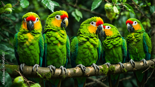 Group of green parrots sitting on a branch together on a tree with leaves around them and  a few green leaves and a few green. Generative AI photo