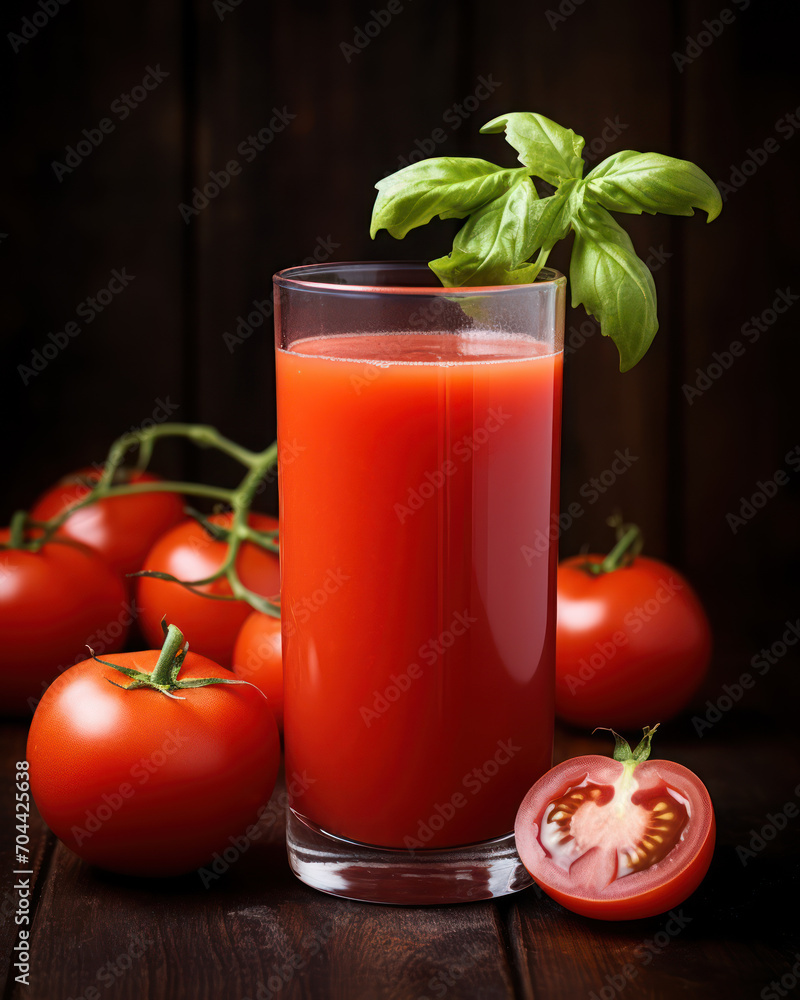 Fresh tomato juice with fruit and tomato slices on dark background Fresh tomato juice with fruit and tomato slices on dark background