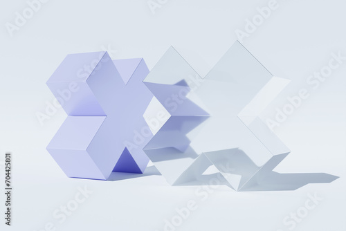 Fototapeta Naklejka Na Ścianę i Meble -  3D illustration of a  white and blue  cross shapes  under  white background. Fantastic  shape .Simple geometric shapes