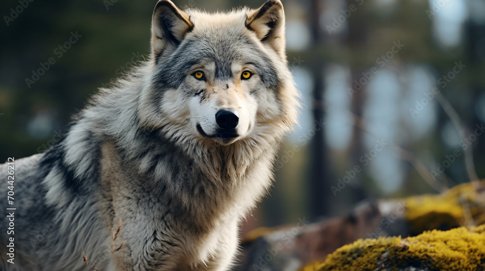 The wolf has a gray and white coat