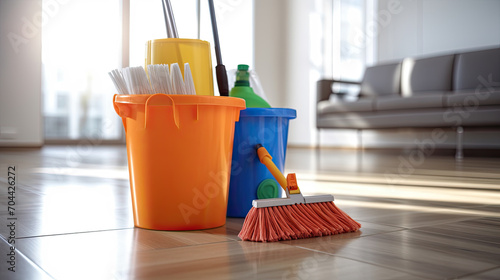 Bucket with different cleaning supplies on floor indoors