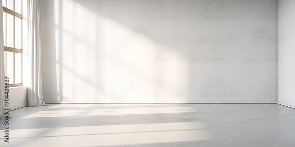 Fototapeta premium Empty studio room with white abstract background and window shadows, displaying product against blurred backdrop.