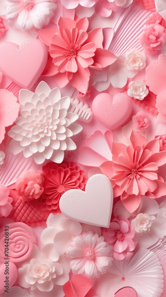 Cute pink floral composition with heart shape in the middle. Greeting and invitation flower concept.